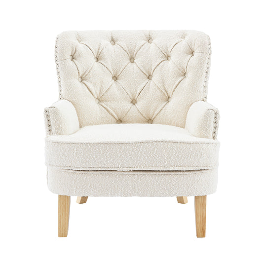 Vintage Style Club Chair with Ottoman - Almond Color, Granular Plush Fabric, Rubber Wood Legs