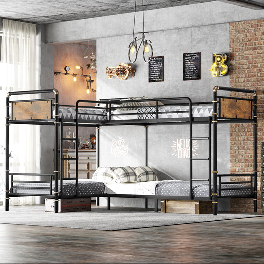 Quad Bunk Bed for 4 Kids, Heavy Duty Metal Twin Bunk Bed Frame, Detachable Triple Bunk Bed, Can Be Divided Into 3 Twin Beds, Black (Old SKU W2580S00015)
