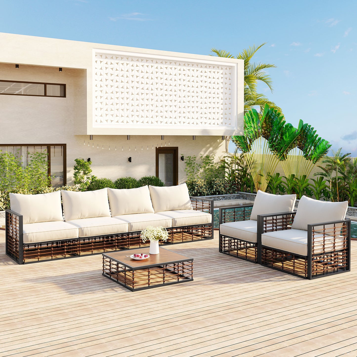 7-piece Conversational Furniture Set with Thick Cushions and Coffee Table for Indoor Outdoor, Gray