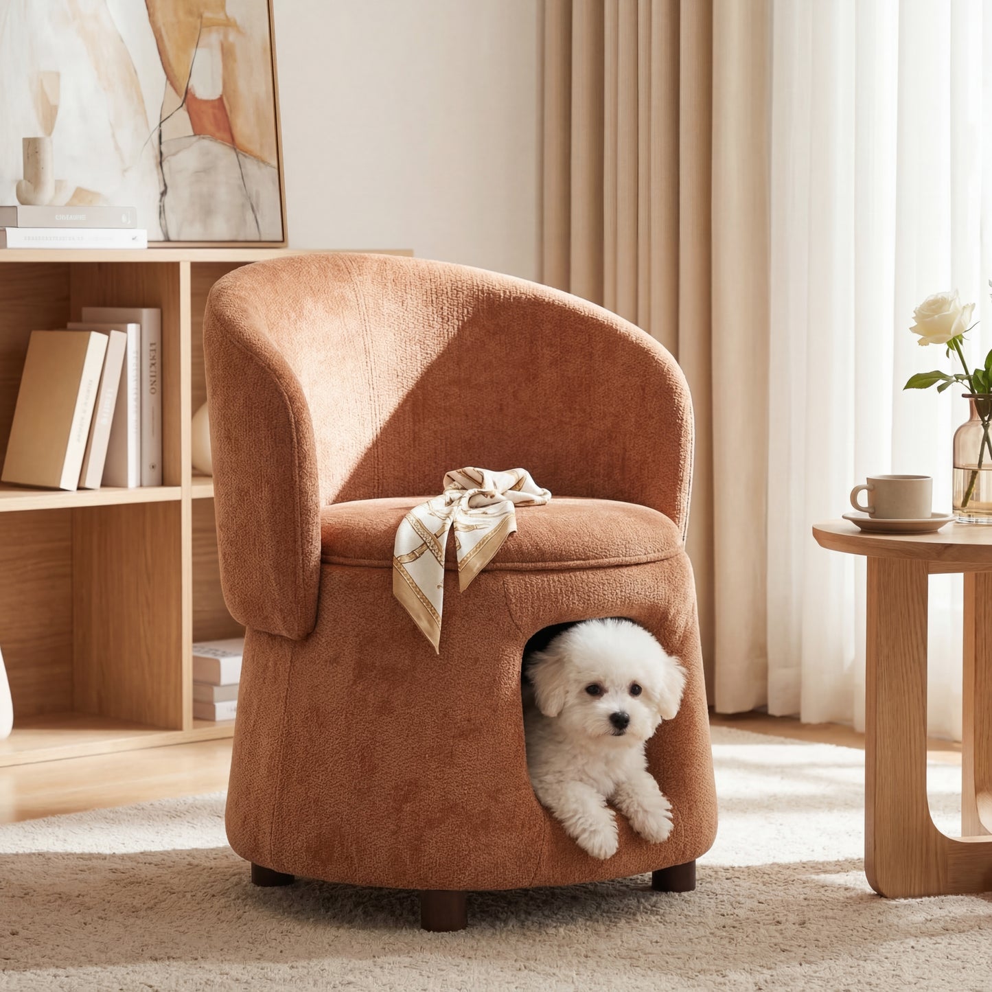 Orange Pet Friendly Chair with Hidden Pet Nook, Convertible Stool, Storage Seat, 220lbs Capacity, Acacia Wood Legs