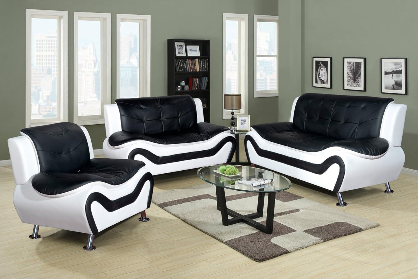 3 Piece Aldo Modern Faux Leather Sofa Set Black And White With Sofa Loveseat And Chair