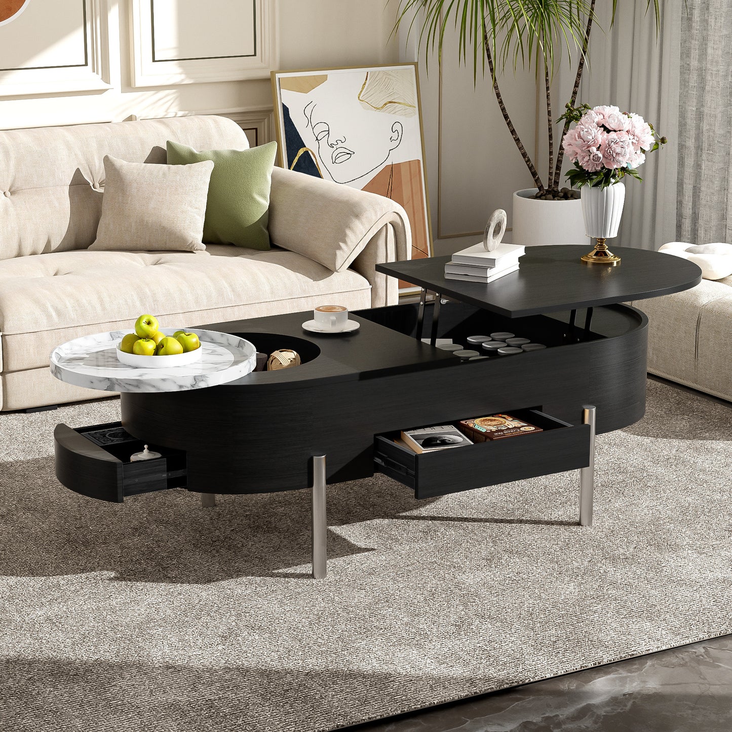 U-Can 47.2''Lift Top Coffee Table with 360-degree Marble-patterned rotating tray,Hidden Compartment, Partially Assembled Wooden Center Table, Modern Oval Lift Tabletop for Home Living Room