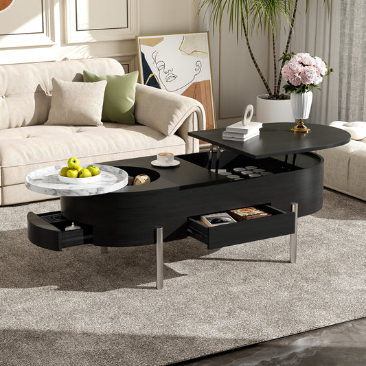 U-Can 47.2''Lift Top Coffee Table with 360-degree Marble-patterned rotating tray,Hidden Compartment, Partially Assembled Wooden Center Table, Modern Oval Lift Tabletop for Home Living Room