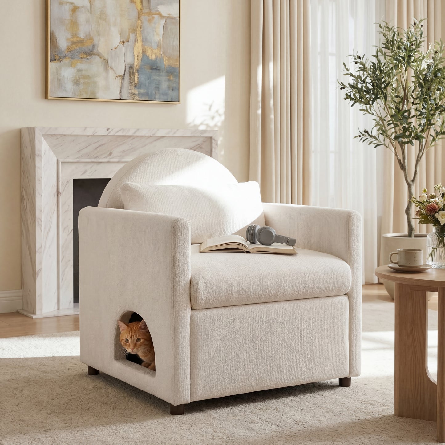 Beige Pet Friendly Accent Chair with Hidden Pet Nook, Acacia Wood Legs, 220lbs Weight Capacity, Modern Upholstered Armchair for Living Room