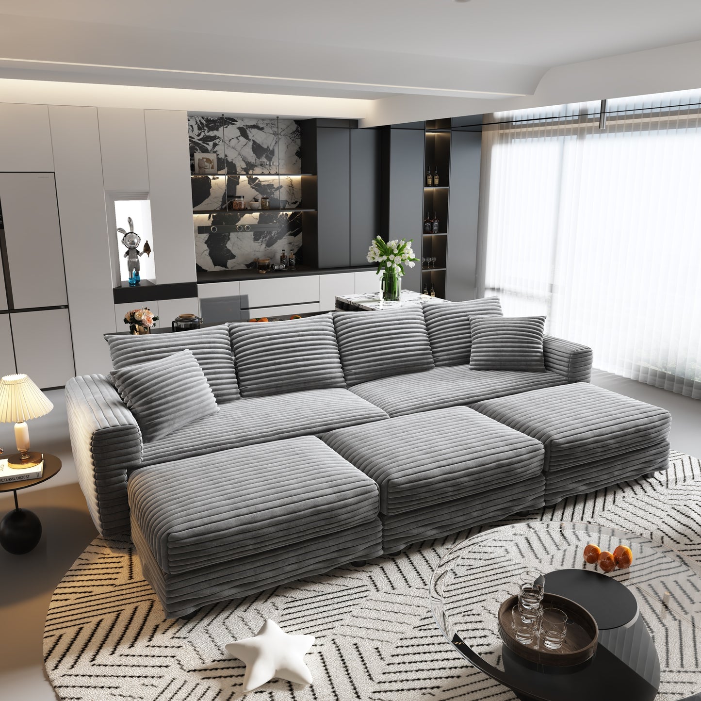 102.4 'Plush Corduroy 4-Seat Sofa,Modern Comfy Upholstered Sofa Cloud Couch,Deep Seat Couches with Soft Pillows and 3 Ottomans,Convertible Sofa Lounge Chair,Grey(Old SKU:W1885S00284)