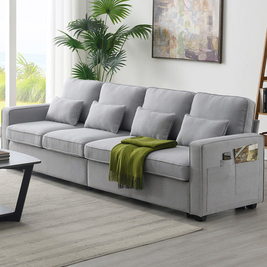 [VIDEO provided] [New] 104' 4-Seater Modern Linen Fabric Sofa with Armrest Pockets and 4 Pillows,Minimalist Style Couch for Living Room, Apartment, Office,3 Colors