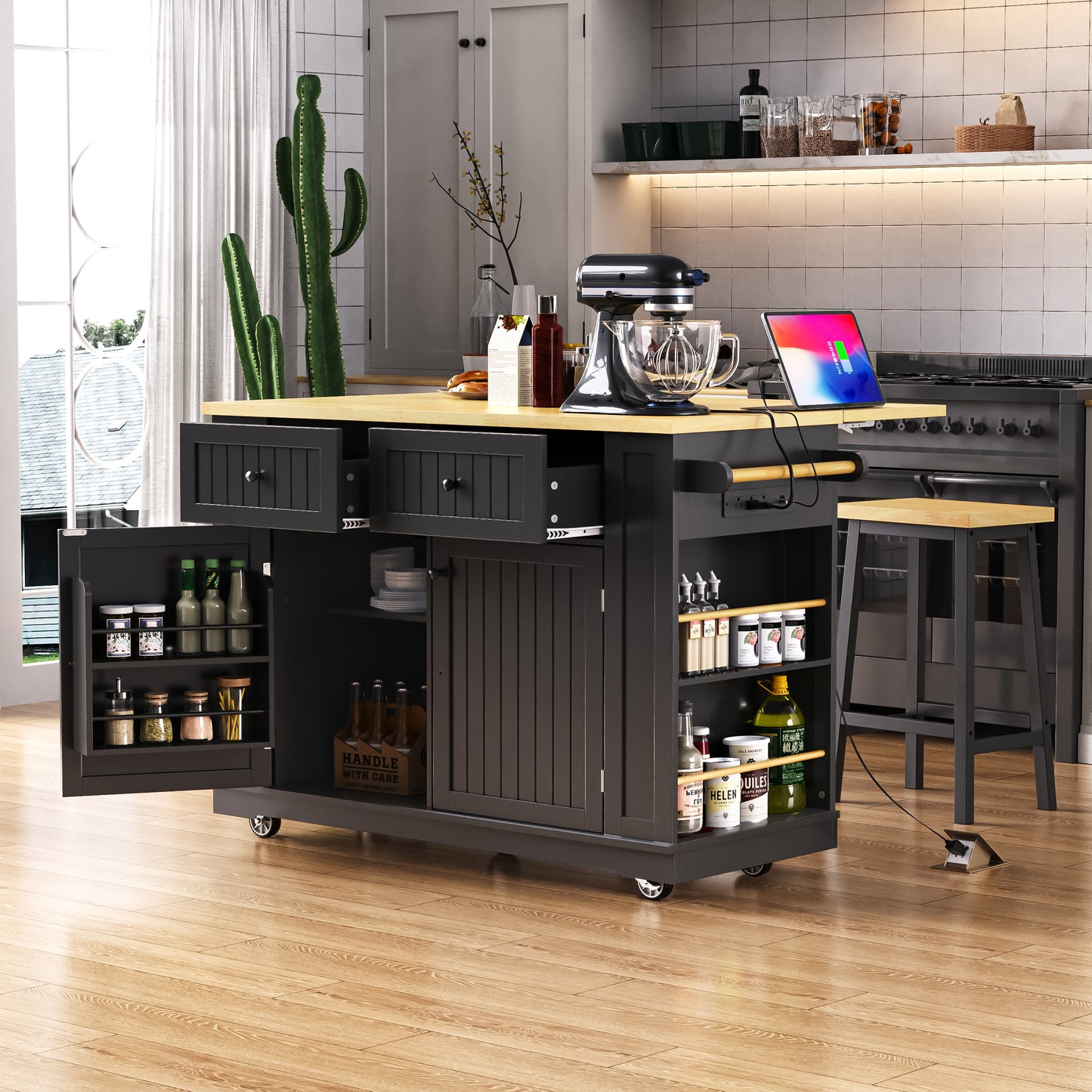K&K 48 inch Large Kitchen Island with Drop Leaf,Power Outlet,Internal Storage Rack,Rolling Kitchen Storage Cart on 5 Wheels with 5 Open Side Racks,for Kitchen,Black (Two Packages)(Not Include Stools)