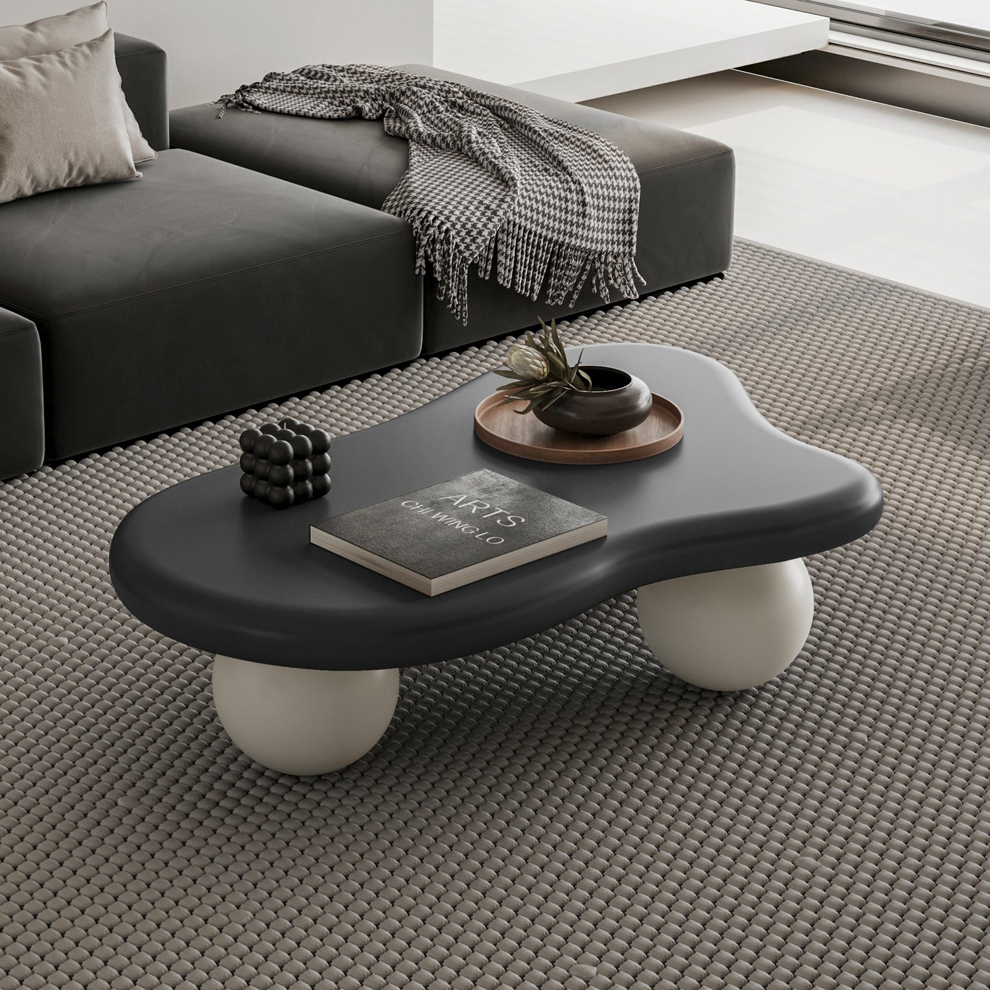 40 Inch Cloud Shaped Coffee Table with 3 Ball Legs for Living Room, Black Top White Legs