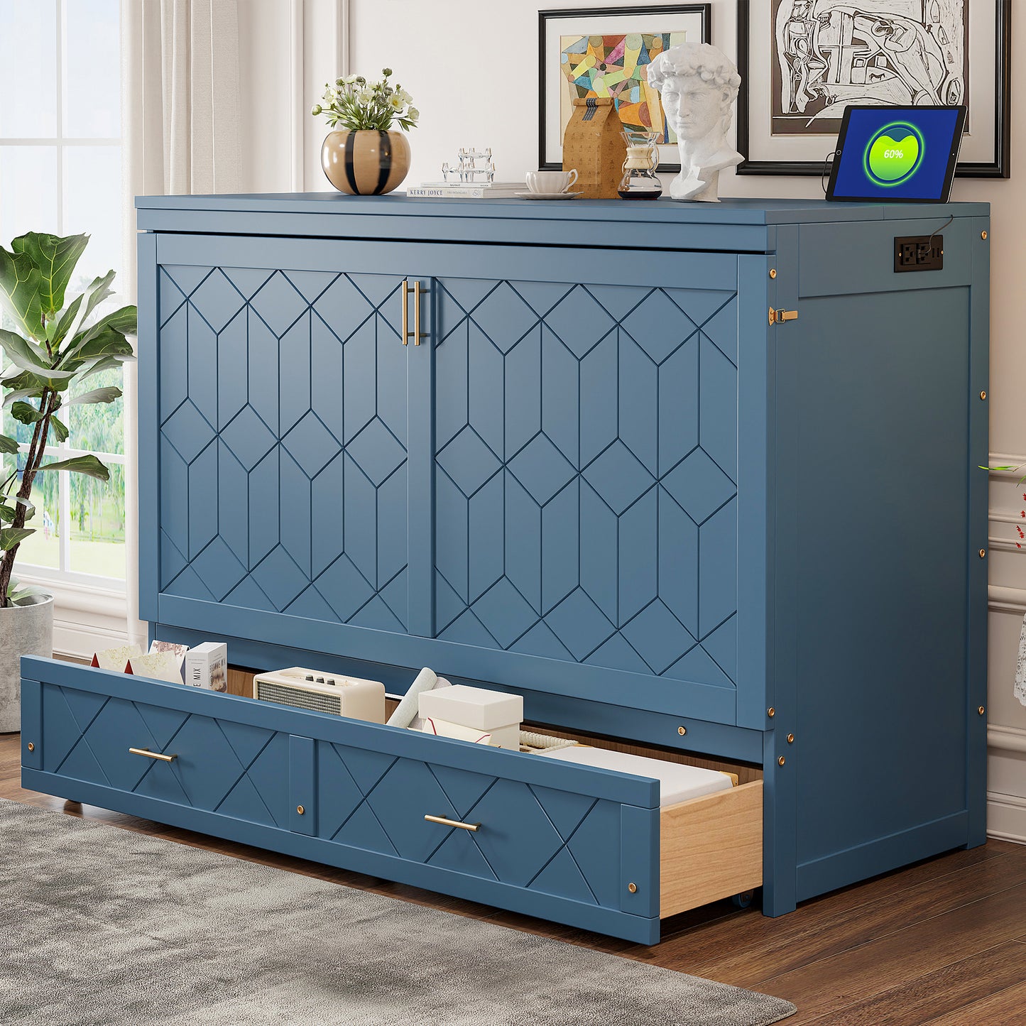 Queen Size Murphy Bed Wall Bed with drawer and a set of Sockets & USB Ports, Navy Blue