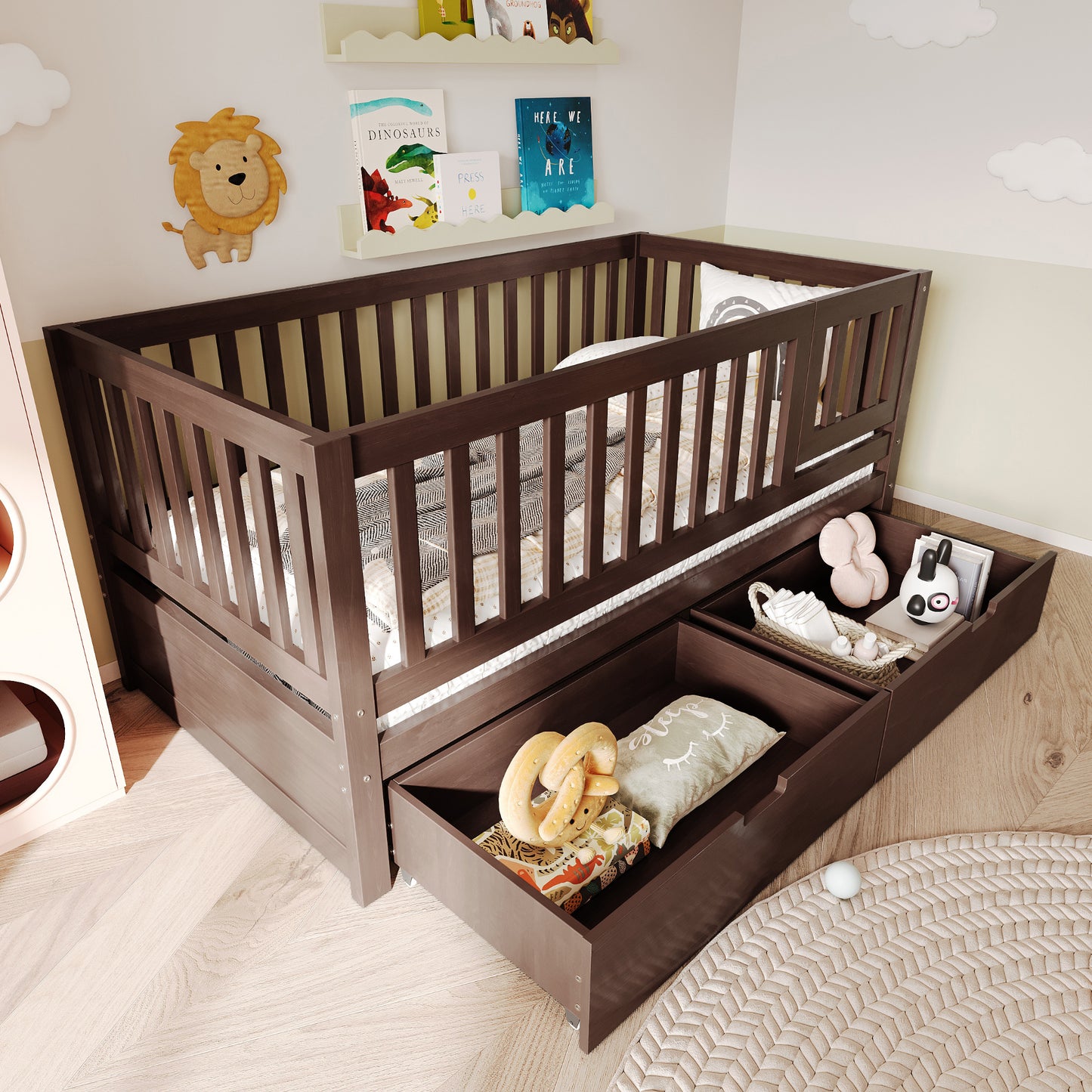 Convertible Toddler Bed with Storage Drawers, 3-in-1 Solid Wood Kids Daybed with Removable Guardrails, Compatible with standard US toddler mattresses, Espresso