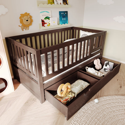 Convertible Toddler Bed with Storage Drawers, 3-in-1 Solid Wood Kids Daybed with Removable Guardrails, Compatible with standard US toddler mattresses, Espresso