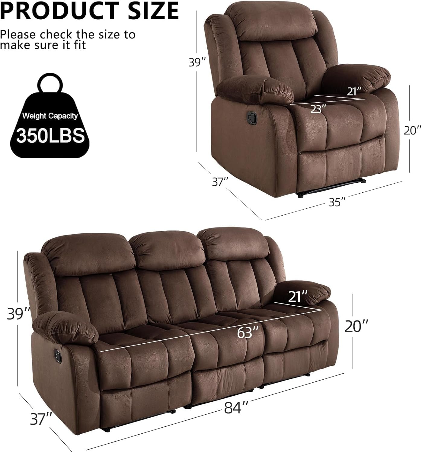 Manual Reclining Sofa Set With 3 Seat Sofa And Recliner