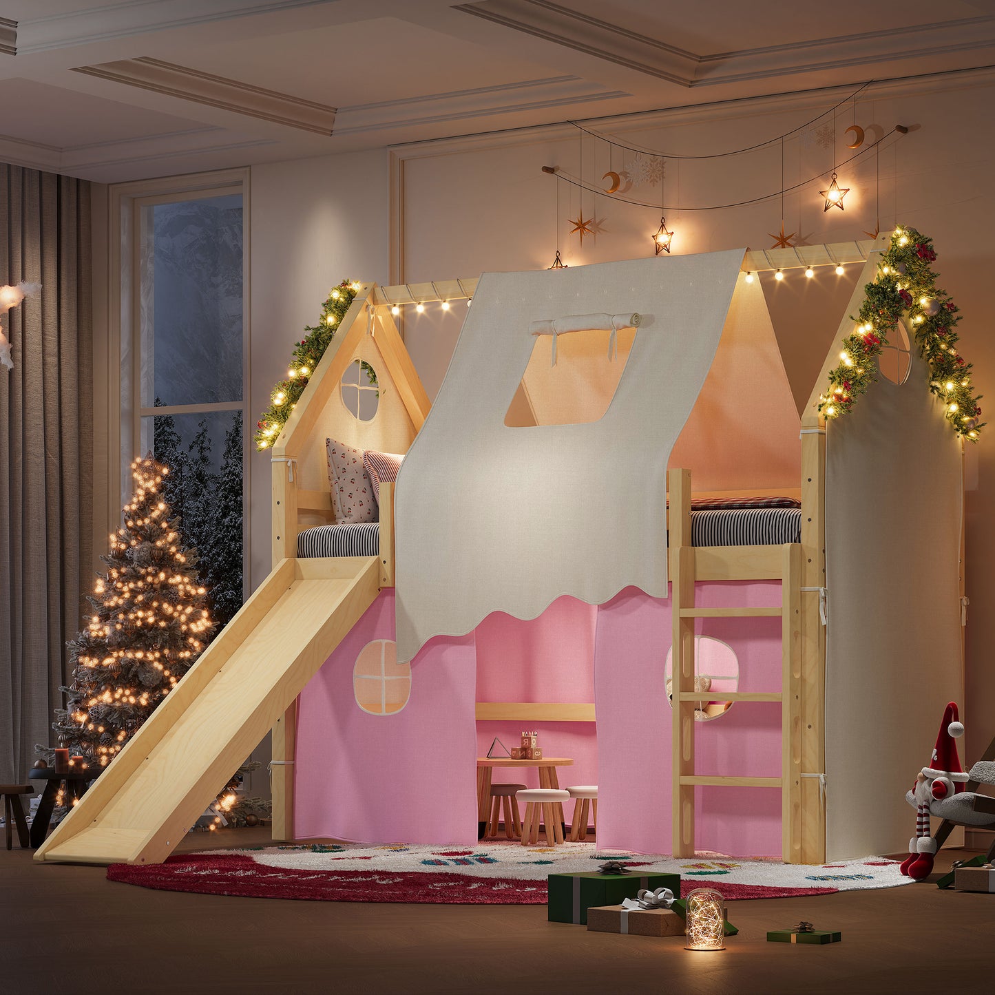 Twin Size House Loft Bed with Sills and Tents, Solid Wood Loft Bed with Ladders and Slide, Chic Design with Lights, No Box Spring Needed, Natural+Pink