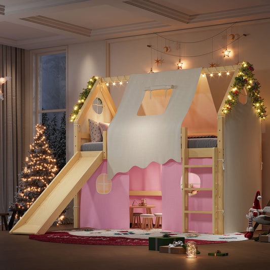Twin Size House Loft Bed with Sills and Tents, Solid Wood Loft Bed with Ladders and Slide, Chic Design with Lights, No Box Spring Needed, Natural+Pink