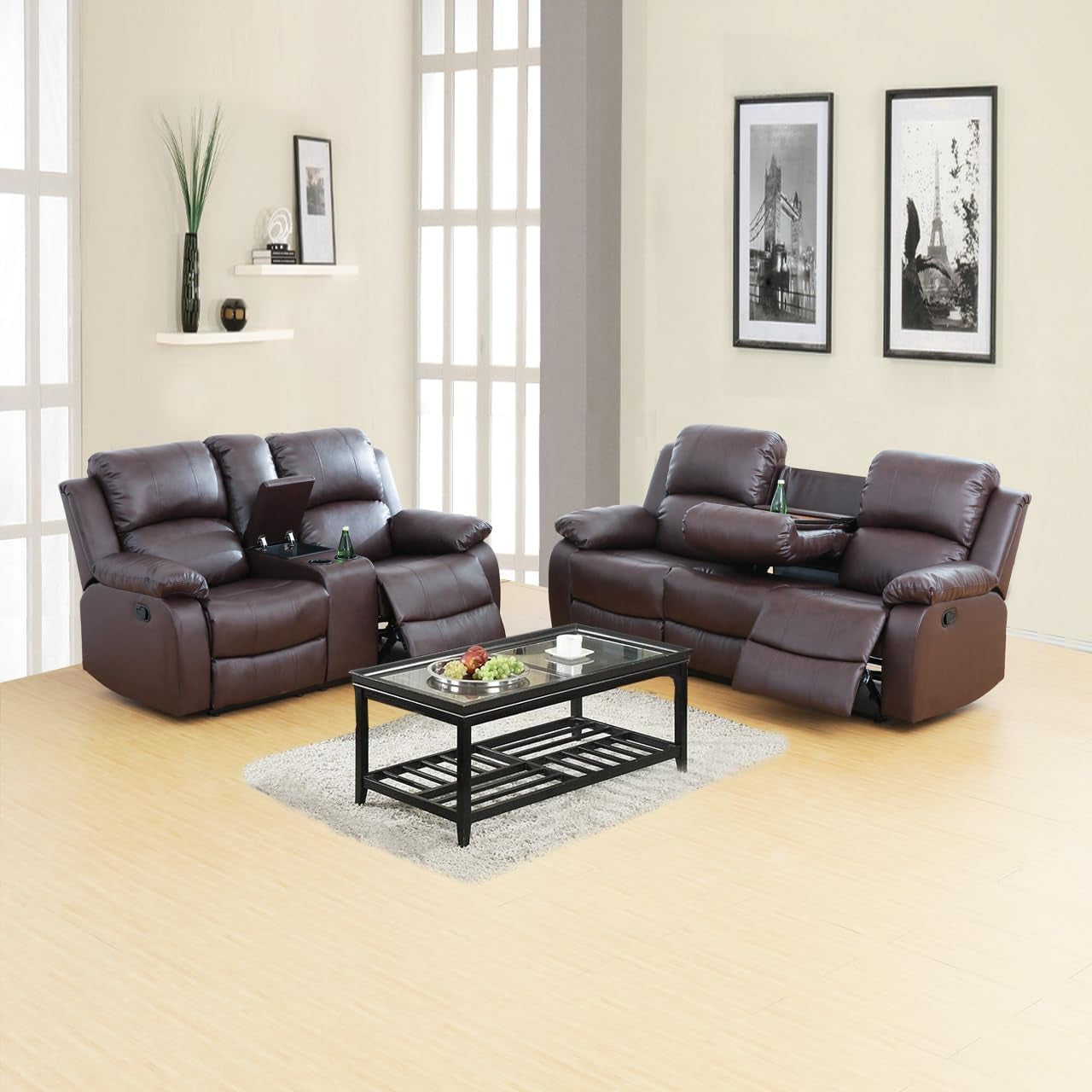 Bonded Leather Living Room Sofa Set With Reclining Sofa And Loveseat Brown