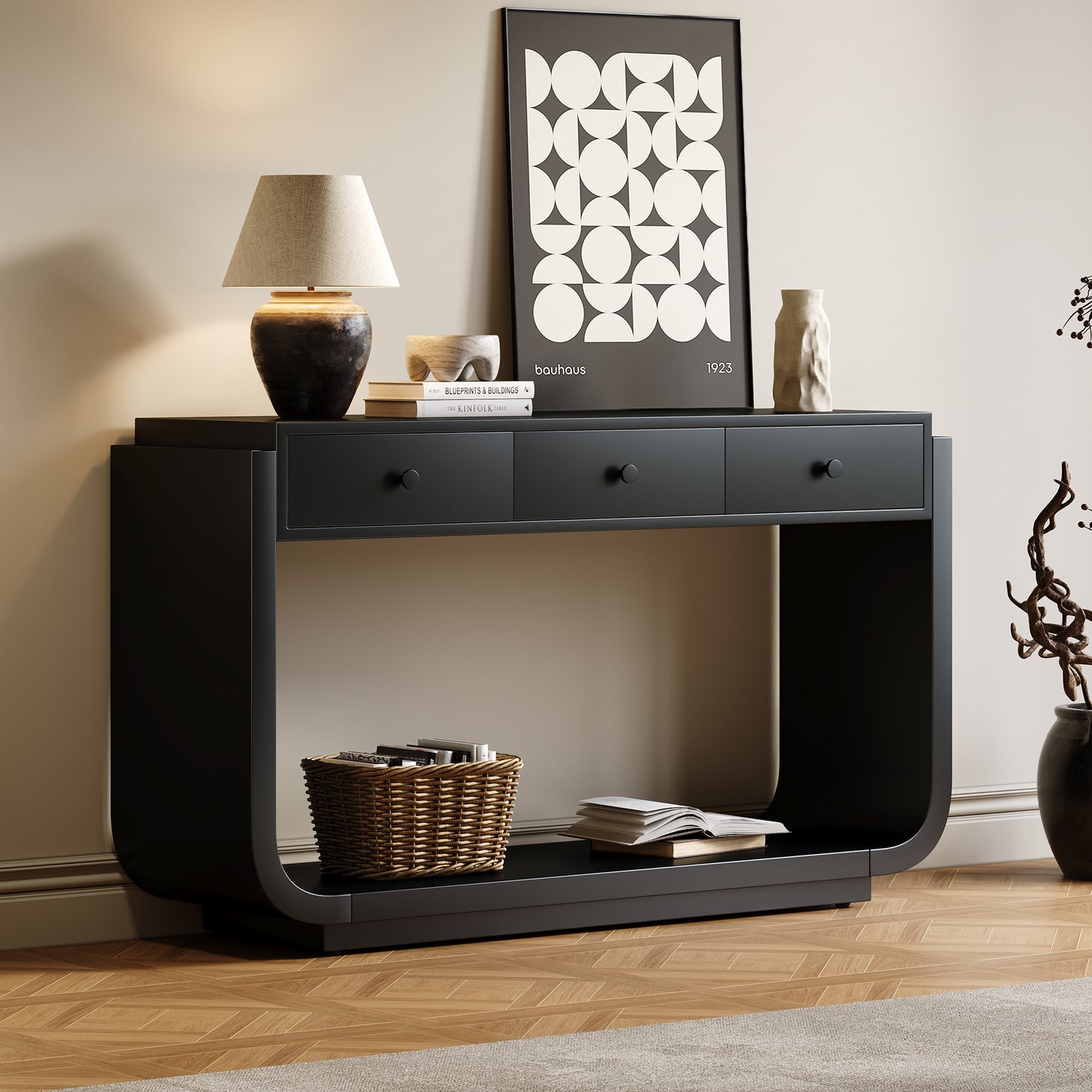 Classic-Style Console Table, 3 Storage Drawers, Display Shelf, Curved Legs, Painted Finish, Entryway/Hallway/Living Room, Black