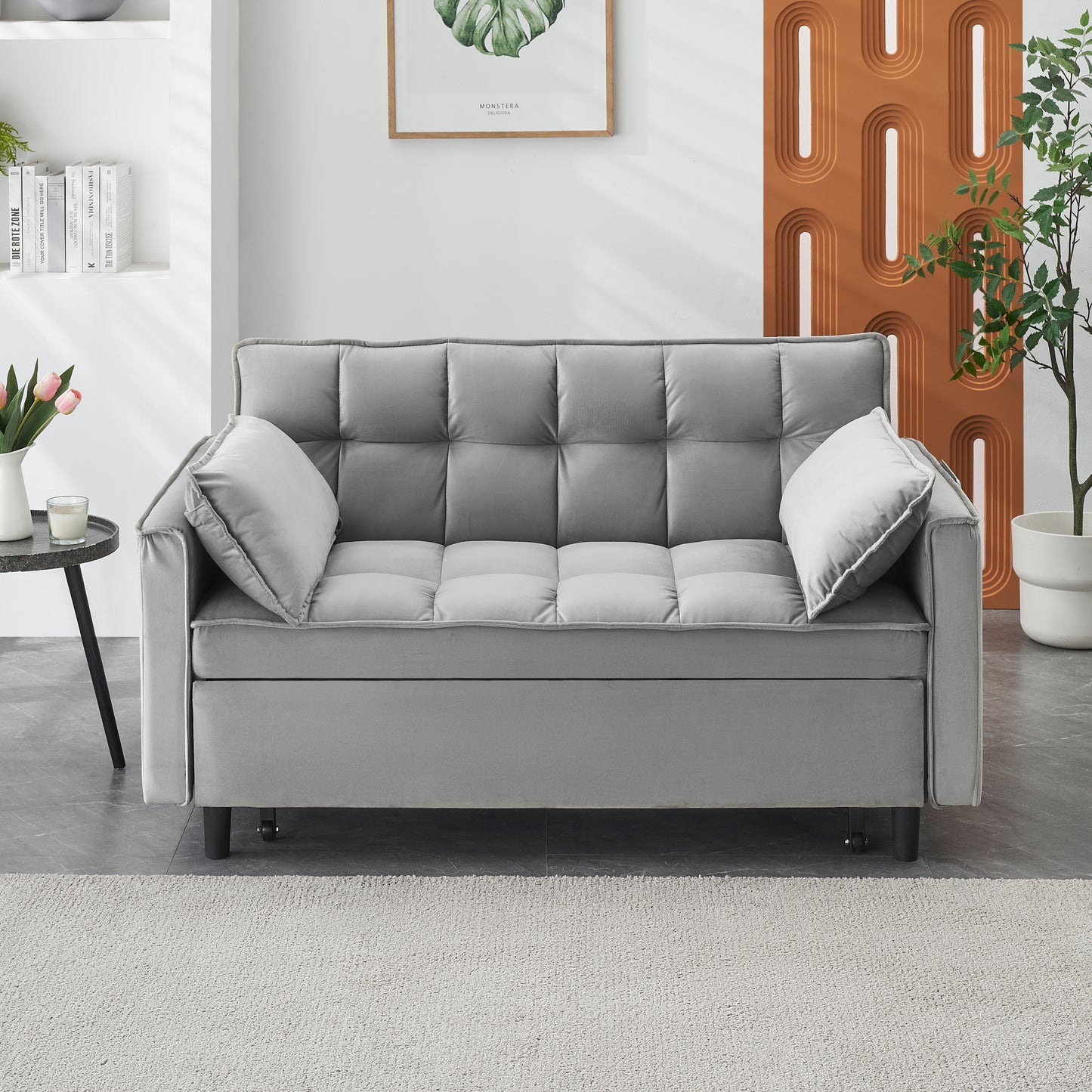 55-inch Gray velvet sofa bed, elegant and convenient, with storage pockets, cleverly interpreting the three-in-one conversion