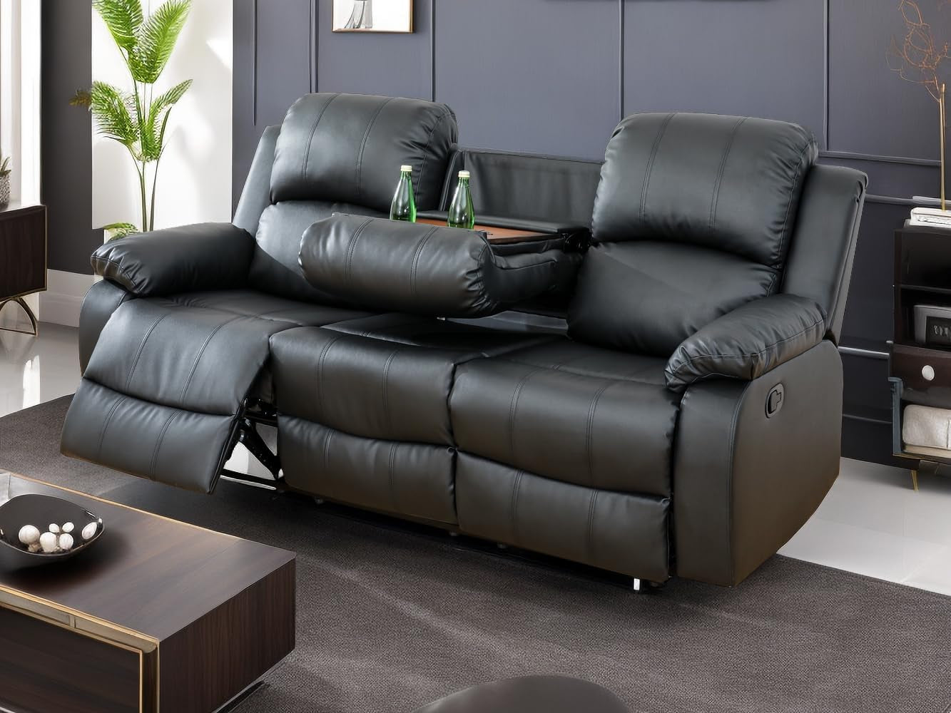 Black Vegan Leather 3 Seater Recliner Sofa Cupholders