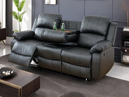 Black Vegan Leather 3 Seater Recliner Sofa Cupholders