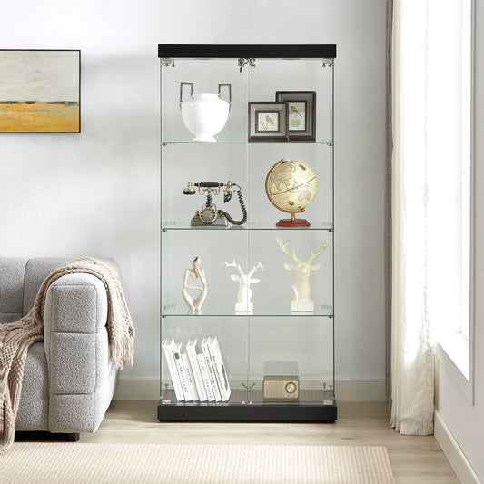 4-Tier Glass Display Cabinet, Double Door Glass Cabinet, Four Partitions, Two Locks, Floor Standing Storage Cabinet for Living Room, Bedroom, Showroom and Office, Black, 31.5'L x 14.2'W x 66.3'H