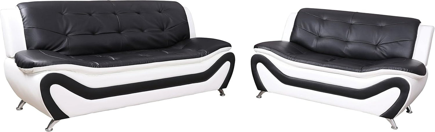 3 Piece Aldo Modern Faux Leather Sofa Set Black And White With Sofa Loveseat And Chair