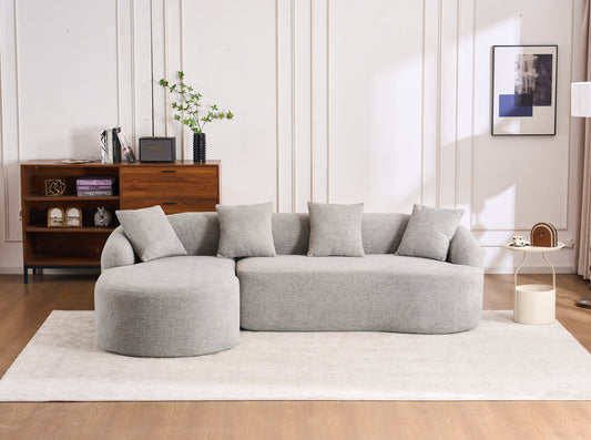 LY-022 GREY COMPRESSION SOFA: Combining chaise longue with 3-seater, Wood Grain Chenille Fabric, full sponge compression sofa,combined sofa with 4 pillows for living/ Home Furniture/ Apartment