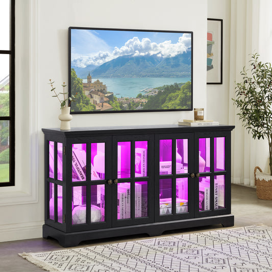 LED Curio Display Cabinet Antique Display Cabinet with Glass Doors Adjustable Shelves for Collectibles Four Door Design Vintage Showcase for Home or Office Antique Display Case BLK