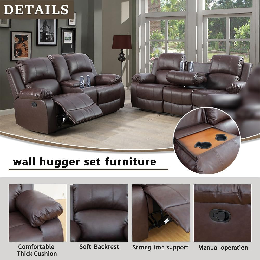 Bonded Leather Living Room Sofa Set With Reclining Sofa And Loveseat Brown