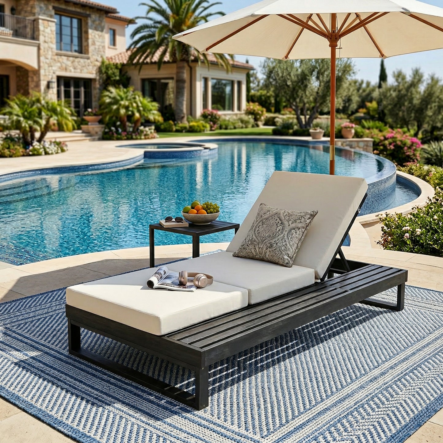 Black Acacia Wood Chaise Lounge with 4-Inch Cream 3-Fold Cushion Set, 4-Position Adjustable Outdoor Patio Lounger with Flat Side Surface, for Poolside-Matching dark grey version available