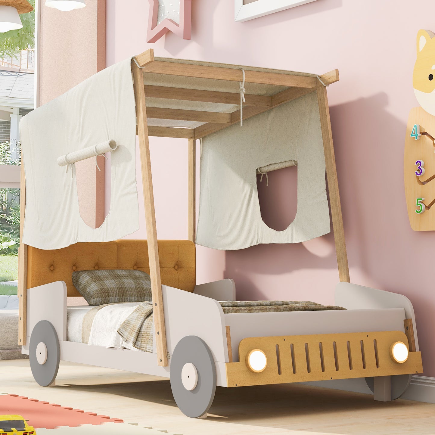 Wood Twin Size Car Bed with Pillow, Ceiling Cloth and LED, Natural