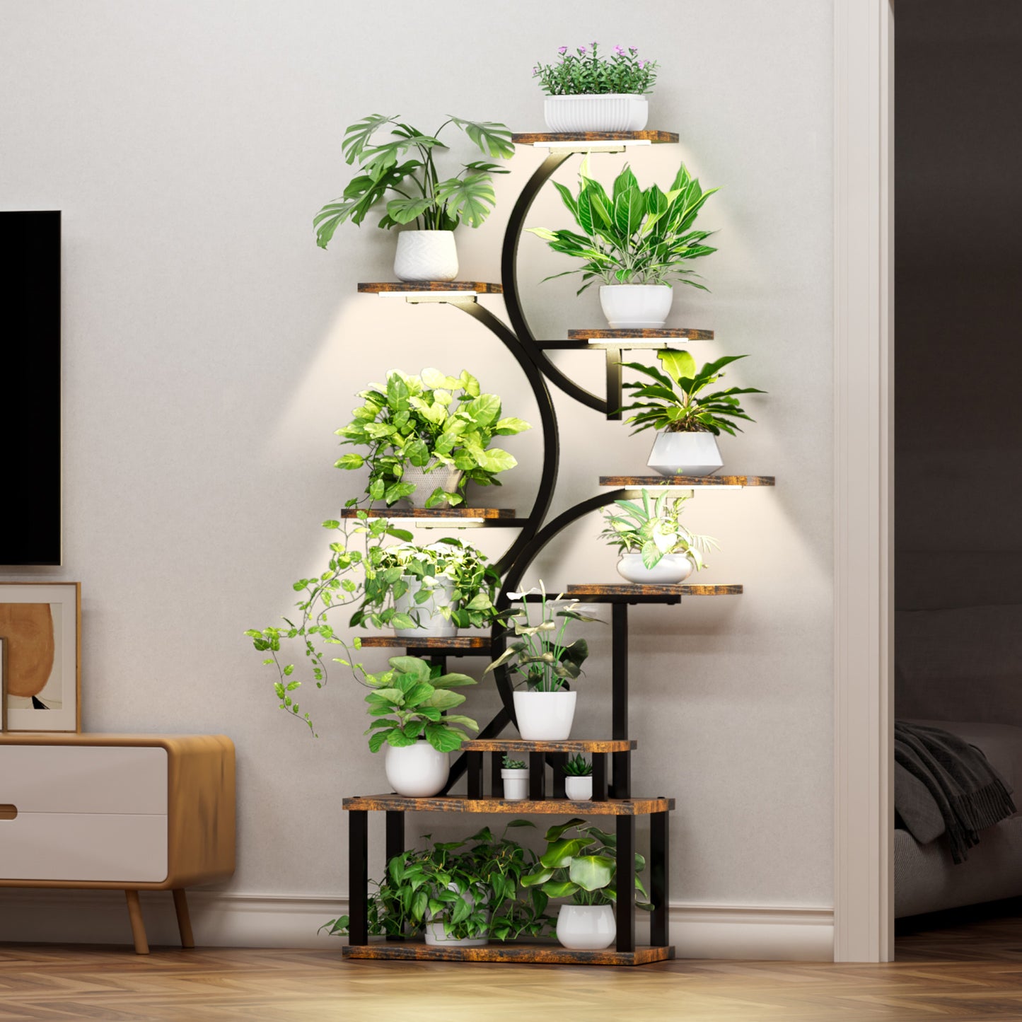 68.5' Tall 10-Tier Plant Stand with 5 Grow Lights, S-Shaped Corner Plant Rack for Indoor Plants, Perfect for Living Room, Garden & Patio