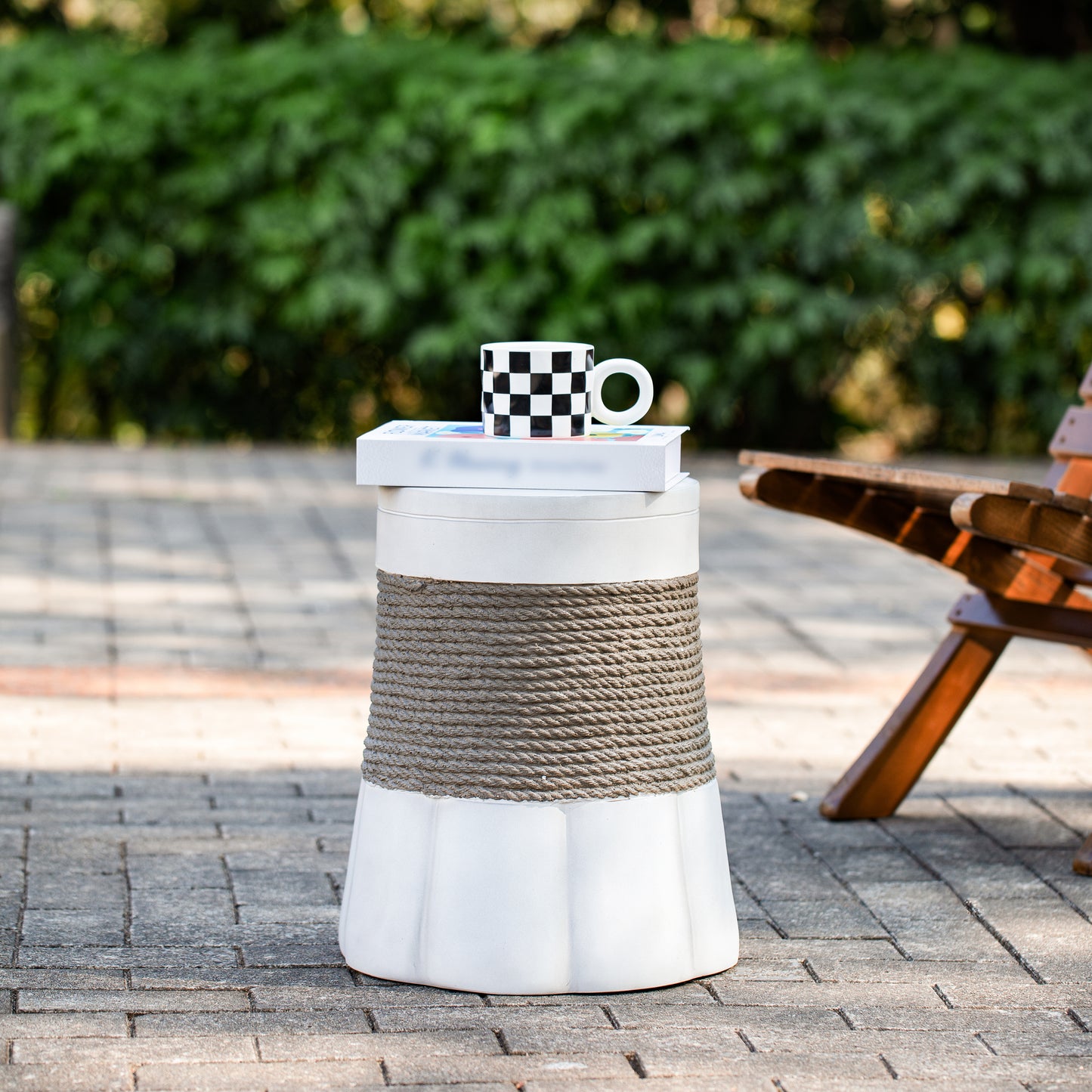 Outdoor Light Gray & Brown Retro Woven Rope & Fan-Base MGO Side Table – End Table for Home, Office, Living Room & Outdoor