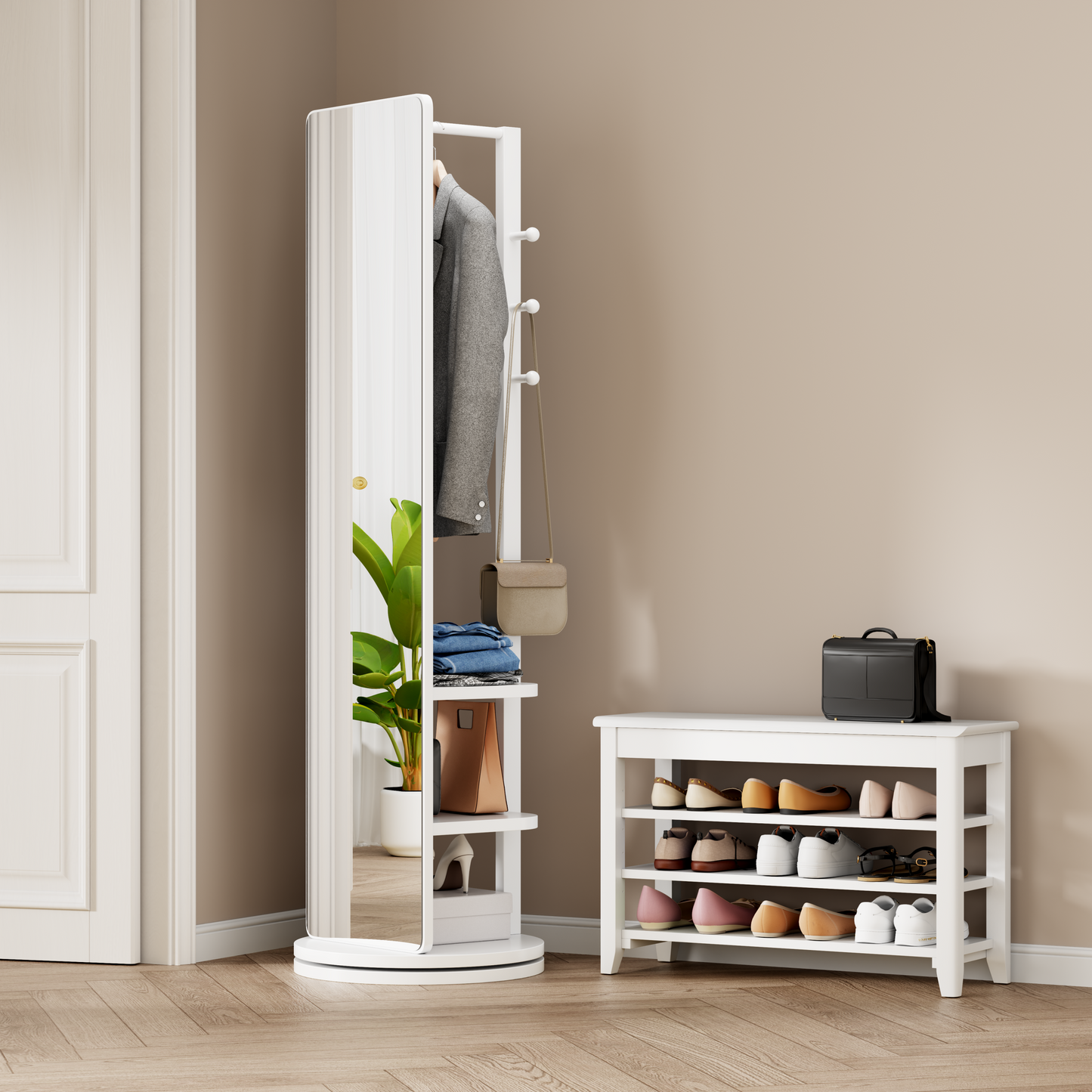 360° Rotating 66'x14' Multifunctional Full Length Mirror with Hook Storage Rack Coat Rack with Mirror Solid Wood Floor Mirror Bedroom Living Room Cloakroom Space Saving (wh