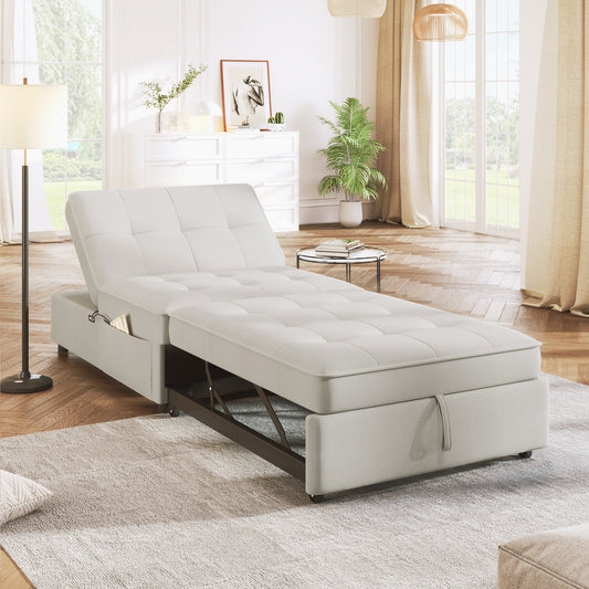 4-in-1 Sofa Bed, Chair Bed, Multi-Function Folding Ottoman Bed with Storage Pocket and USB Port for Small Room Apartment,Living Room,Bedroom,Hallway,White (Old Sku:WF309305AAB)