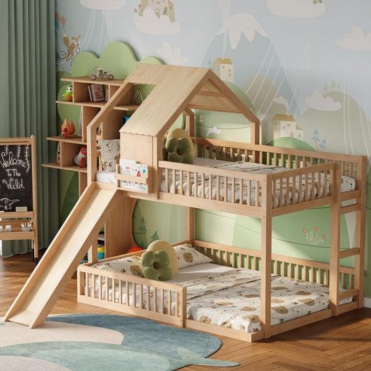 Wood Full XL over Queen Floor House Bunk Bed Frame with Slide & Built in Ladder for Kids, Teens, Juniors, Natural