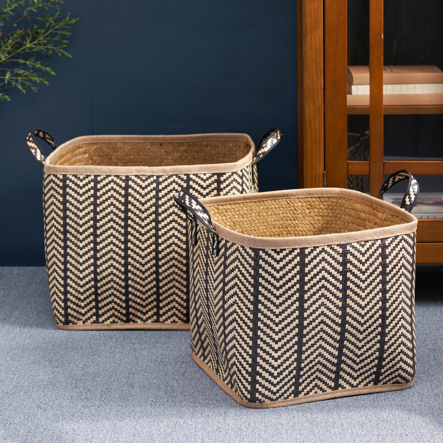 Square Palm Leaf Woven Wicker Storage Basket with Handles Set of 2 - 14' x 14' x 15' and 16' x 16' x 17' - Black and Brown - For Clothes, Books Storage, Picnic and Home Decoration