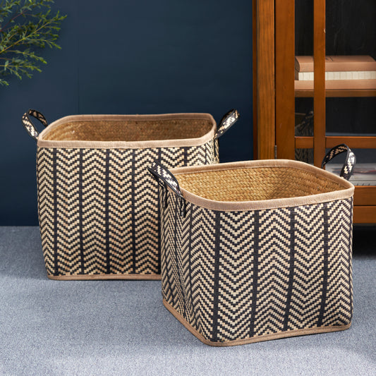 Square Palm Leaf Woven Wicker Storage Basket with Handles Set of 2 - 14' x 14' x 15' and 16' x 16' x 17' - Black and Brown - For Clothes, Books Storage, Picnic and Home Decoration