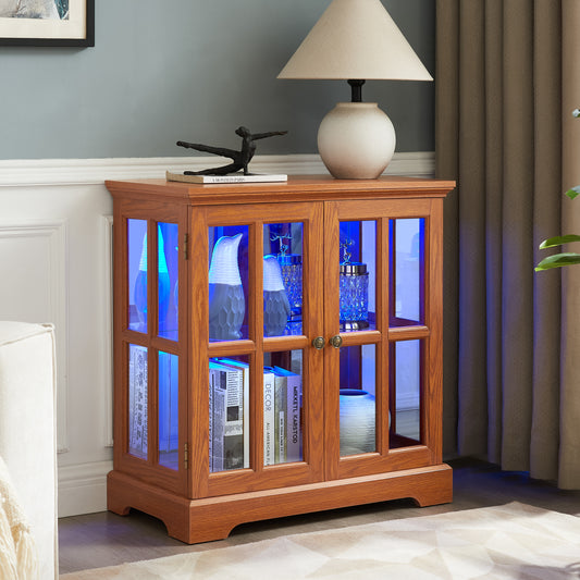 LED Curio Display Cabinet,Antique Display Cabinet with Adjustable Shelves,Retro Design Quality Showcase with Lattice Doors Elegant Bookcase and Storage Cabinet for Home Decor and Organization DARK OAK