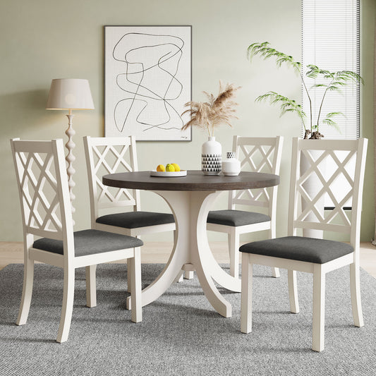 TOPMAX Mid-Century Solid Wood 5-Piece Round Dining Table Set, Kitchen Table Set with Upholstered Chairs  Brown Table + Gray Chair