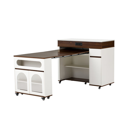 TREXM Extendable Dining Table with Folding Top, Rolling Kitchen Island with Drawers and Power Outlet in Walnut + Creamy White Finish, MDF + PB + Steel + Glass