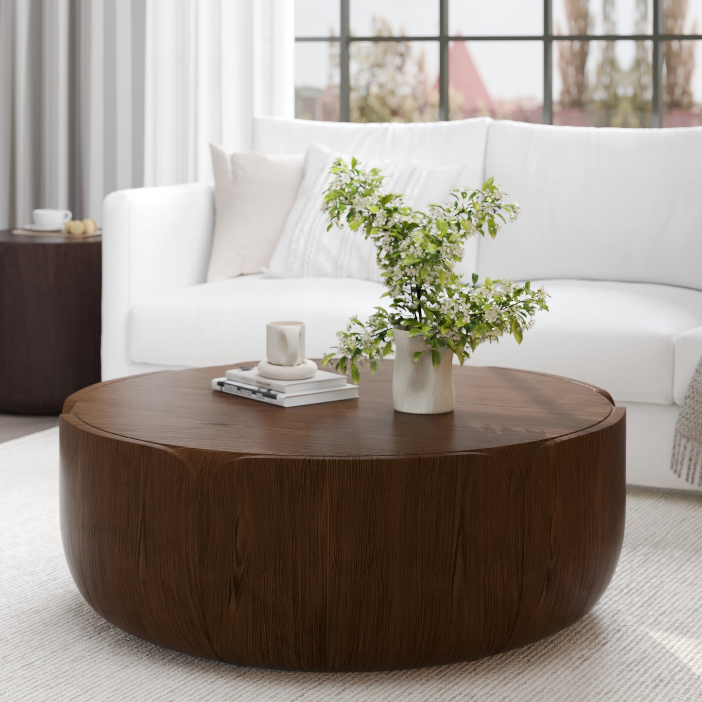 35.63' Round Outdoor Indoor Coffee Table, Modern Wood Grain Drum Center Table, Sturdy MGO (Magnesium Oxide) Waterproof, No-Assembly Table for Patio, Garden, Backyard, Living Room (Brown)