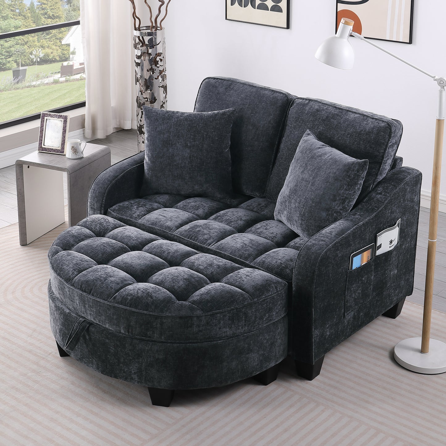 Two-seater sofa, double sofa chaise longue, with irregular armrests and backrests, footrest with storage space, comes with two small throw pillows, suitable for living room and bedroom - Black