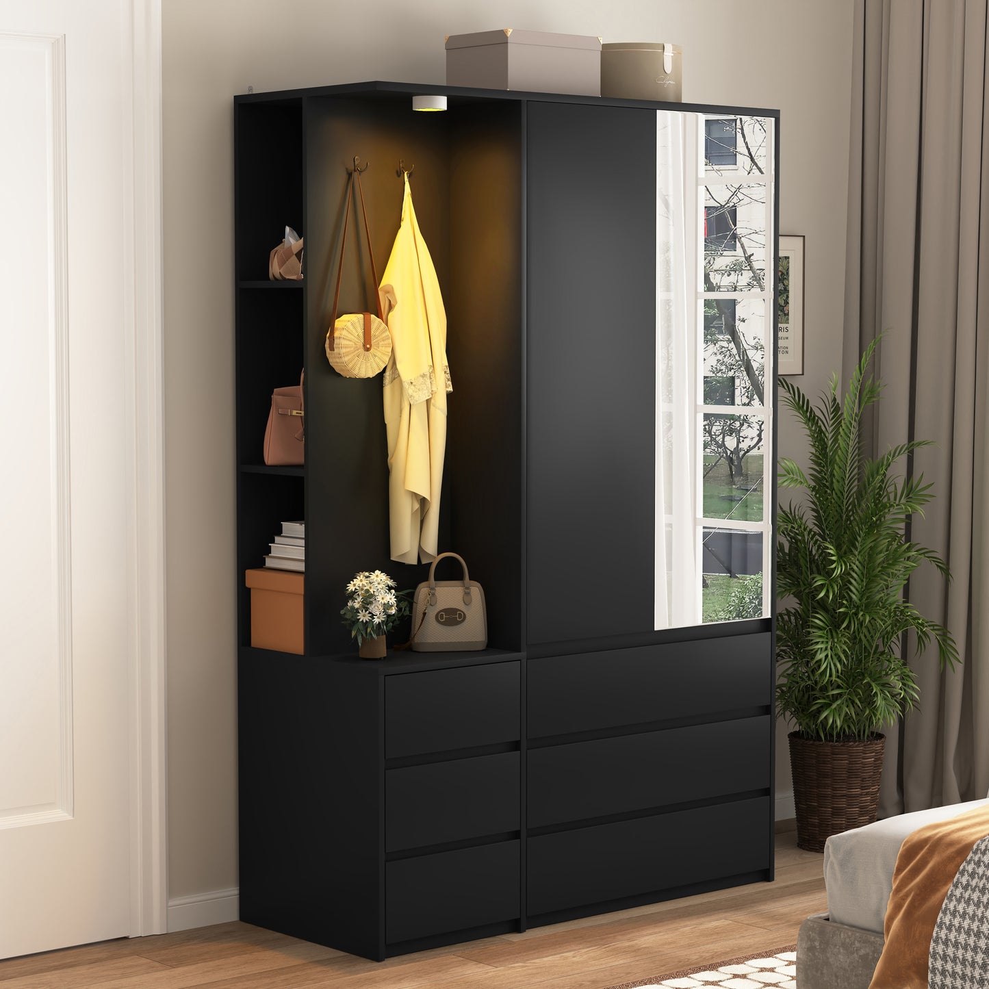 Wardrobe Closet 71.7' H, Bedroom Wooden Wardrobe with 2 Doors 6 Drawers, Modern Clothing Storage Cabinet Combination with Storage Shelves and Hanging Rail, Black