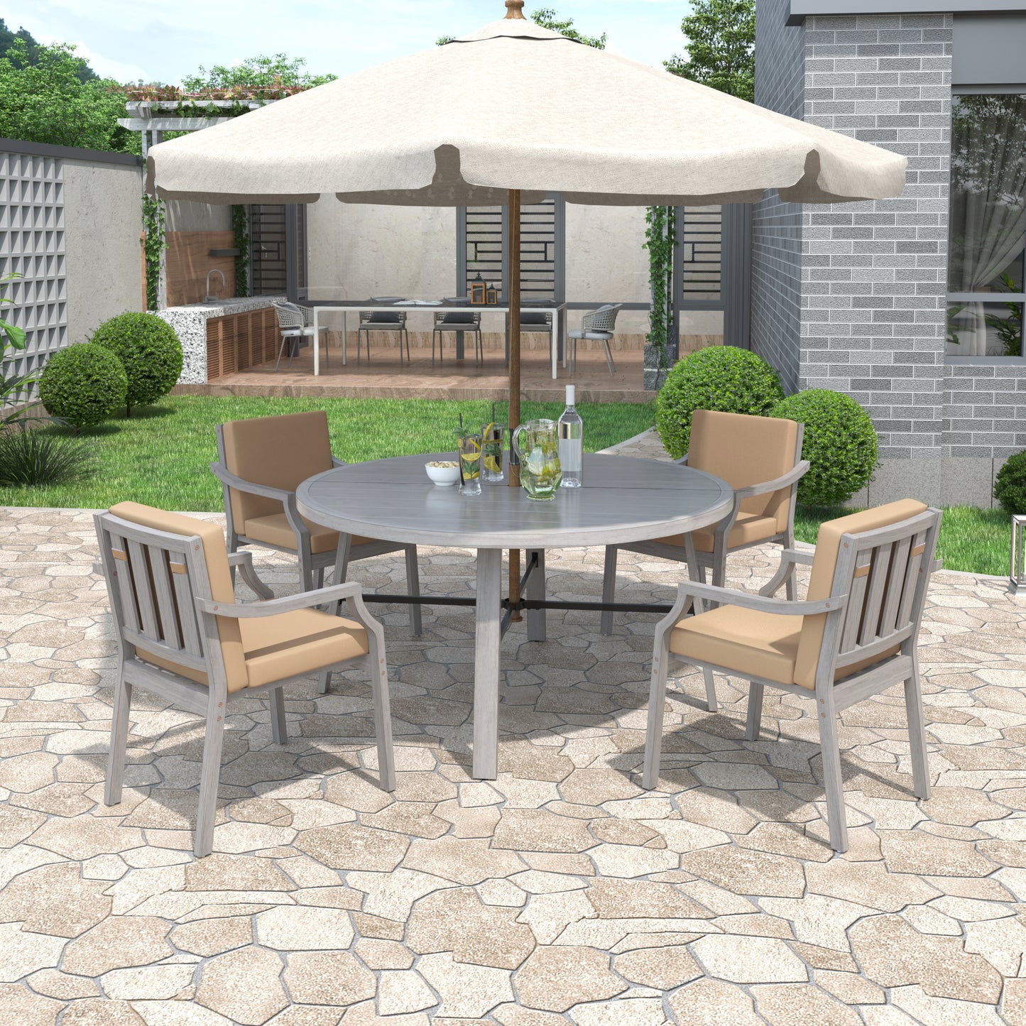 Outdoor Dinning Set 4-Person Outdoor Wooden Dinning Set with an Umbrella Hole and Removable Cushions for Patio, Backyard, Garden,  Antique Gray