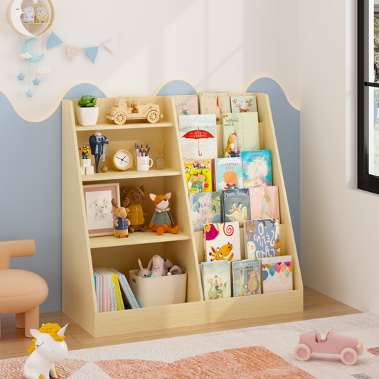 Kids Bookshelf and Toy Storage Organizer, Multifunctional 4 Tier Wooden Kids Book Shelf with  Bookcase Display Stand in Kids Room Playroom Nursery for Kids, Children, Toddlers (Natural)