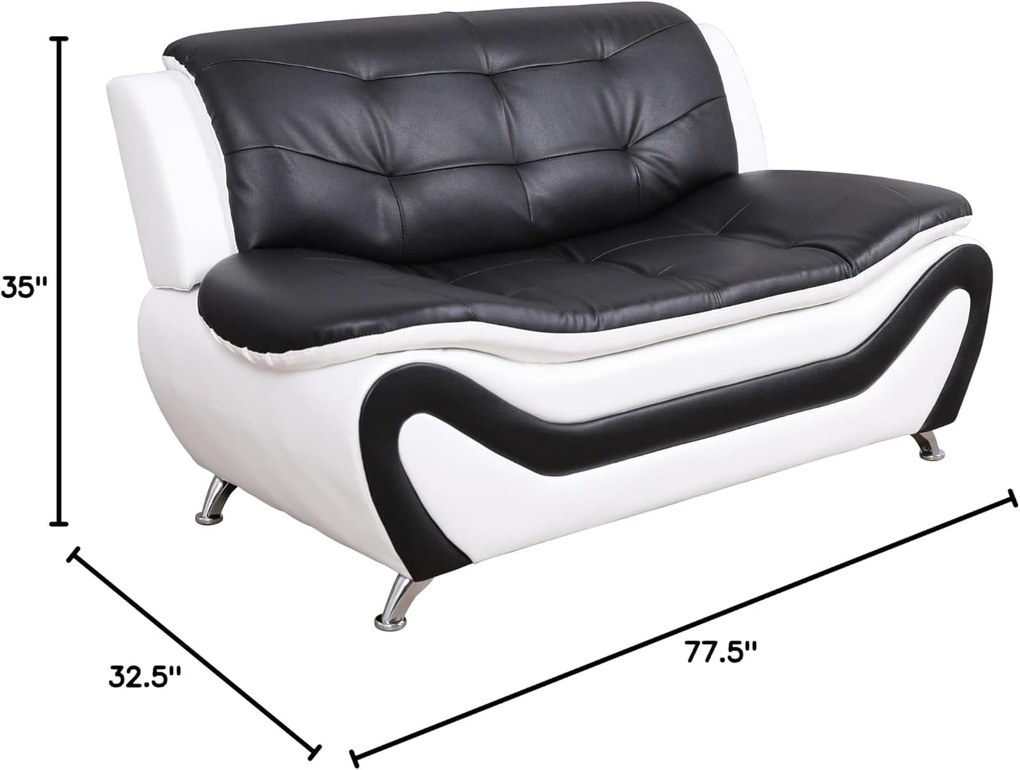 3 Piece Aldo Modern Faux Leather Sofa Set Black And White With Sofa Loveseat And Chair