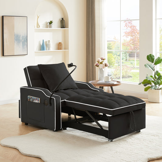 Sleeper Sofa Chair Bed,  3 In 1 Convertible Sofa Chair With With Adjustable Backrest & Phone Holder & USB, Type-C, Adjustable Recliner, Armchair For Living Room Bedroom Apartment Small Space, Black