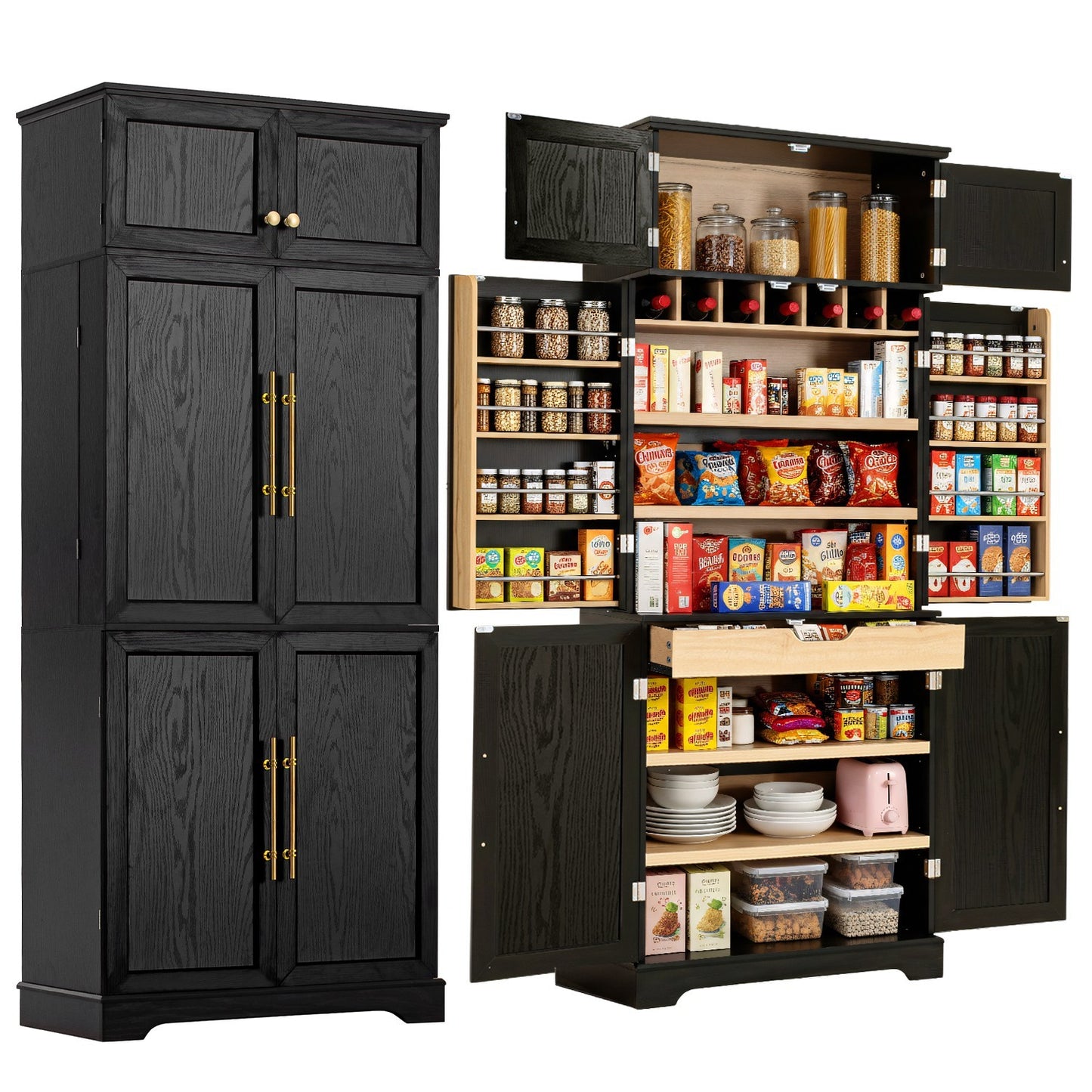 K&K 78.2' Tall Farmhouse Kitchen Pantry Cabinet with 8 Door Shelves, Storage Cabinet with 4 Adjustable Shelves, Hidden Drawer, Wine Rack, Versatile Cupboard for Kitchen, Dining & Bathroom, Ash Black
