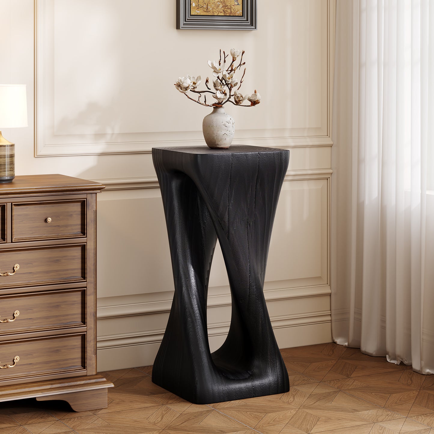 Outdoor Side Table,Twist Shape End Table,Decorative Accent Table,Garden Stool Table for Patio Balcony Beach Pool Side,Lightweight Concrete,Wood Like Texture,Black Color