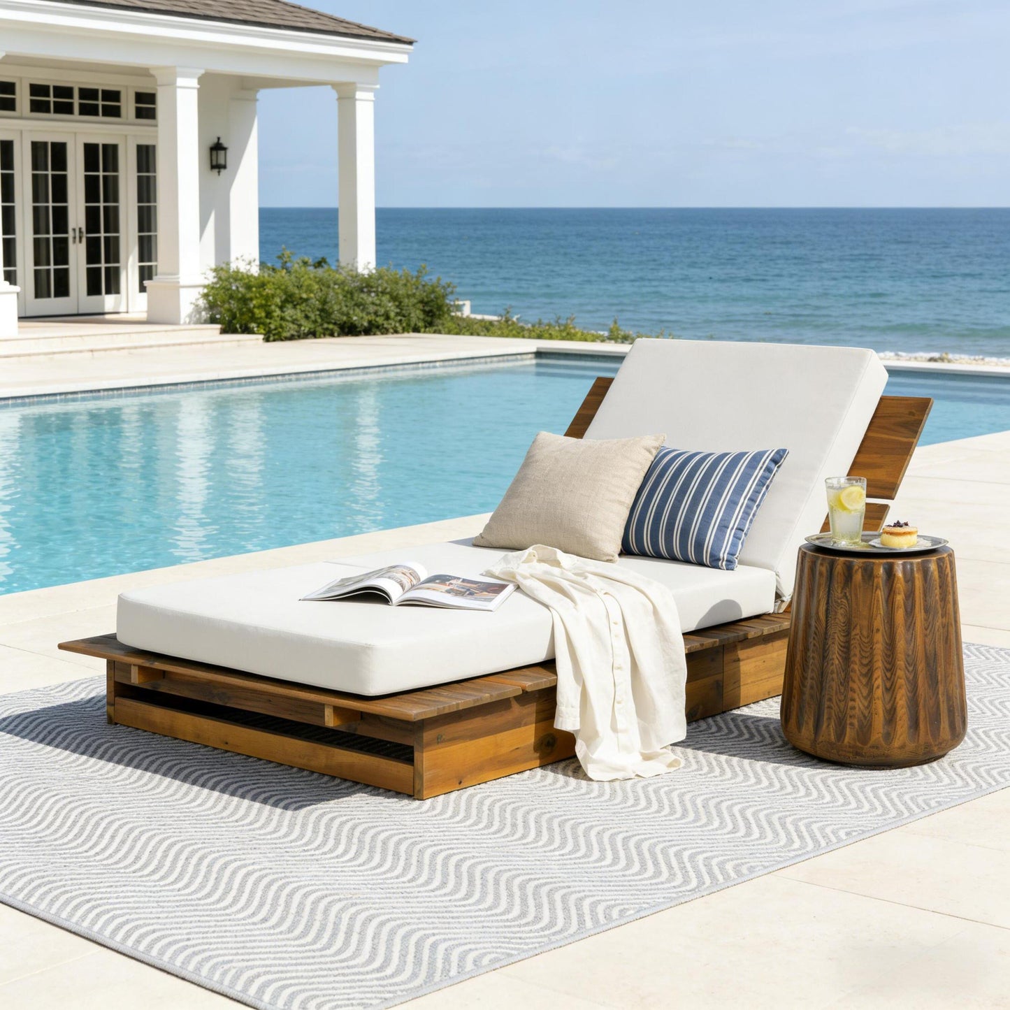Acacia Wood Chaise Lounge with 4' Thick 3-Fold Cream Movable Cushion – Wide Teak Finish Patio Lounger, 3-Position Recliner, 400 lbs Capacity